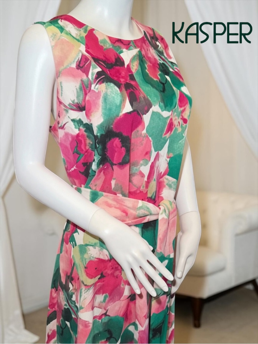 NWT Kasper Printed Scuba Crepe Tie-Waist Fit & Flare Dress - Size 16W - Picture 7 of 10